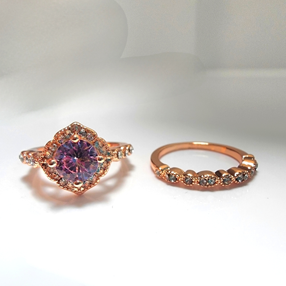 Dainty Pink Floral Filigree Crystal Ring Set and Eternity Band Rose Gold US SZ 7